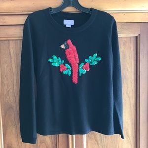 Laura Scott Petite Black Christmas Sweater Sequin Cardinal Medium Petite